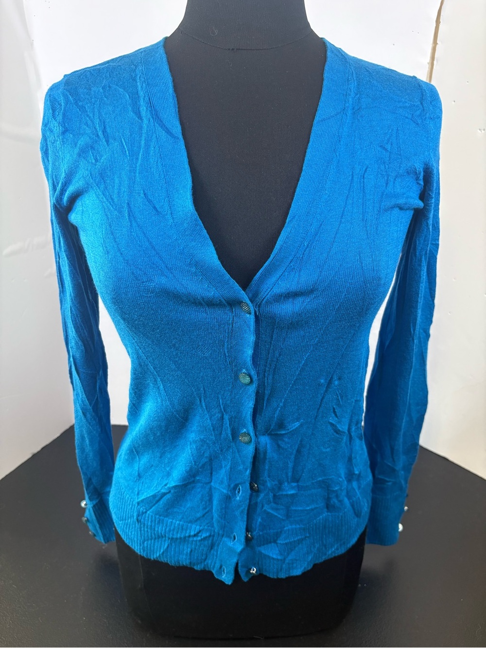 New York & Company Teal V-Neck Button Cardigan